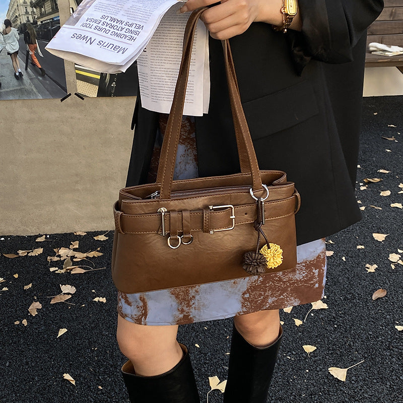 Women's Retro Belt Buckle Shoulder Bag High-grade Sentong Qin