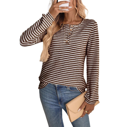 European And American Pineapple Grid Casual Button Round Neck T-shirt Knitted Long Sleeve