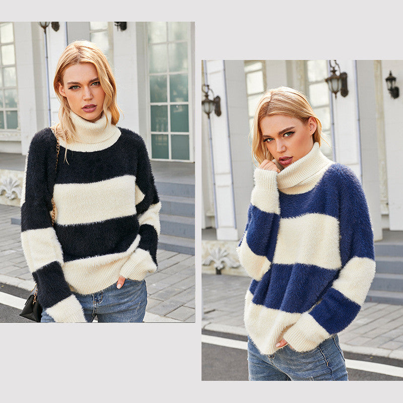 Pull Rayé Col Roulé Doux