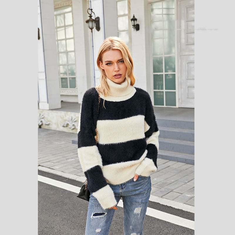 Pull Rayé Col Roulé Doux